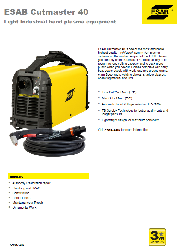 Esab Cutmaster 40 Plasma Cutter Machine Gasweld