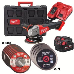 Milwaukee M18FSAG125XB100P-502P 18V FUEL 125mm Braking Grinder (2x5.0Ah) w/ FREE DISCS